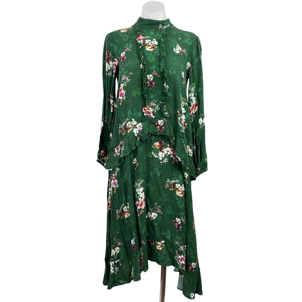 H&M Womens Green Floral Ruffle Mock Neck Long Sleeve Drop Waist Midi Dress Sz 4